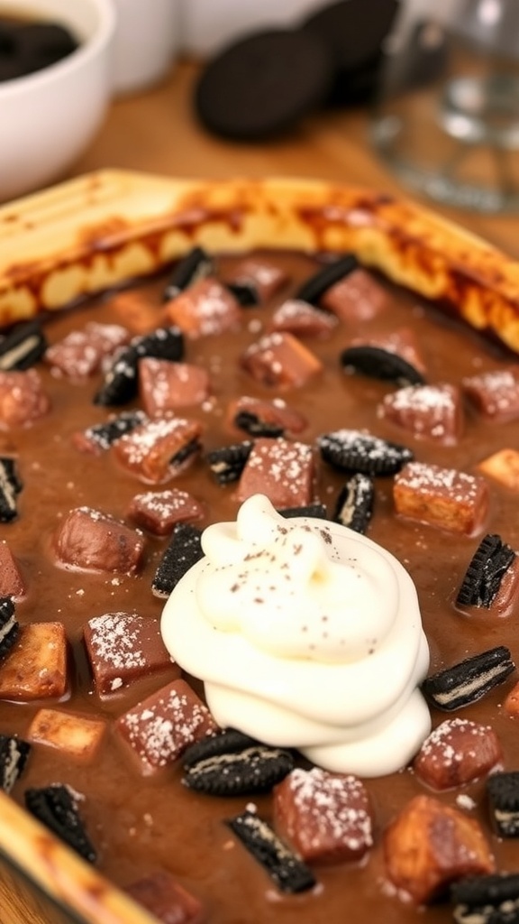 A delicious serving of Oreo bread pudding topped with whipped cream and powdered sugar.